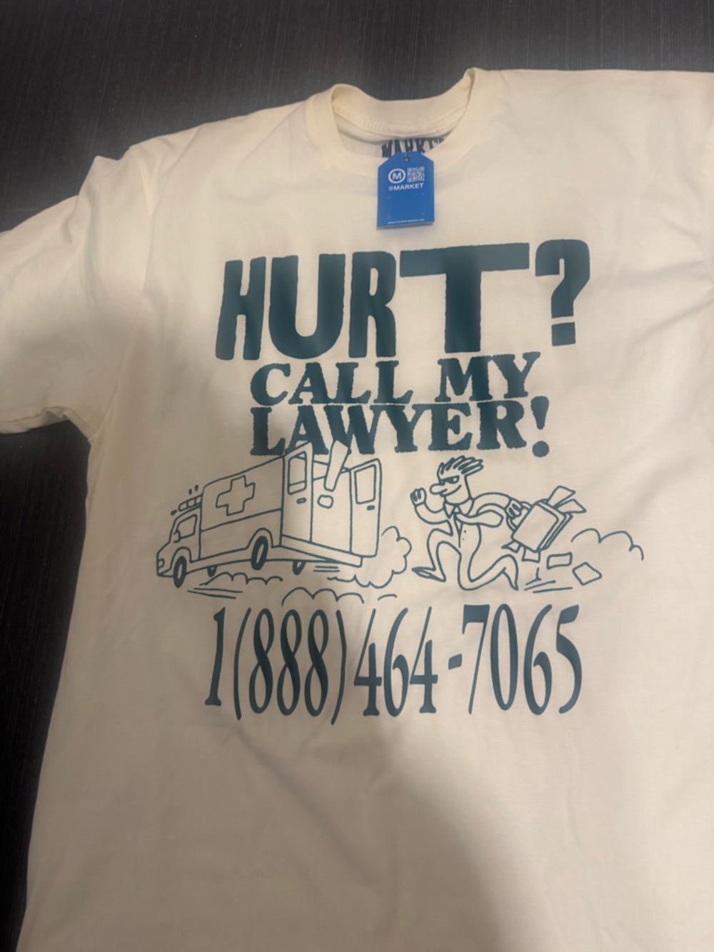 Market & Spruce Cream T-Shirt with Dark Teal Graphic - "HURT? CALL MY LAWYER!"